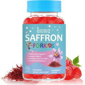 Saffron for Kids, Saffron Extract, Magnesium Glycinate, Omega-3, L-Theanine, Holy Basil, Rosemary, B6, D3 for Calm, Focus, Happy Mood, Cognition, Sleep, Sugar Free, 90 Gummies in Saudi Arabia