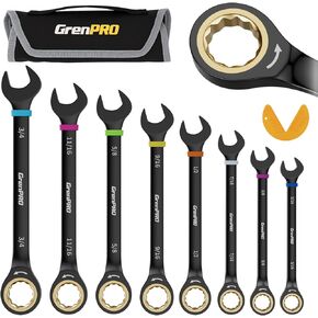 GRENPRO Ratchet Wrenches Set, Ratcheting Wrench Set, 9PC Sae 5/16 to 3/4 72Th Long Box Open End Ratchet Wrench Organizer With Color Ring With Roll Up Pouch With Gauge, Big Combination Wrench Tool Sets in Kuwait