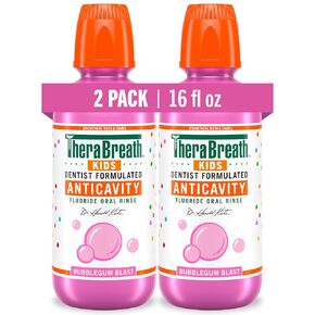 TheraBreath Kids Anticavity Fluoride Oral Rinse, Strengthens Teeth & Enamel, Alcohol Free & Dye Free, Certified Organic Bubblegum Blast Flavor, 16 Fl Oz, 2-Pack in Kuwait