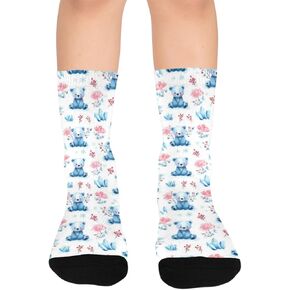 OTVEE Blue Teddy Bears With Winter Florals Hiking Socks for Kids Boys Girls, 1 Pairs Breathable Soft Cozy Crew Boot Socks for Athletic Sport Basketball Daily Wear in Kuwait
