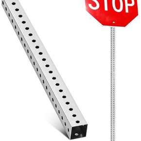 8 ft H x 2 in W Square Sign Post with 7/16" Dia Mounting Holes Galvanized Steel Metal Poles Outside Rust Resistant Industrial Perforated Tube for Street, Parking, Construction (Silver) in Kuwait
