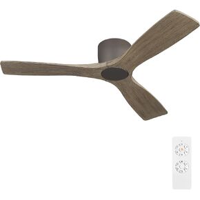 WINGBO 48 Inch Flush Mount DC Ceiling Fan without Lights, 3 Carved Wood Blades, 6-Speed Noiseless Reversible DC Motor, Hugger Ceiling Fan No Lights in White Finish with Oak Blades, ETL Listed in Saudi Arabia