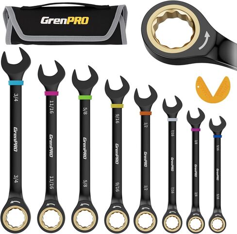 GRENPRO Ratchet Wrenches Set, Ratcheting Wrench Set, 9PC Sae 5/16 to 3/4 72Th Long Box Open End Ratchet Wrench Organizer With Color Ring With Roll Up Pouch With Gauge, Big Combination Wrench Tool Sets in Kuwait