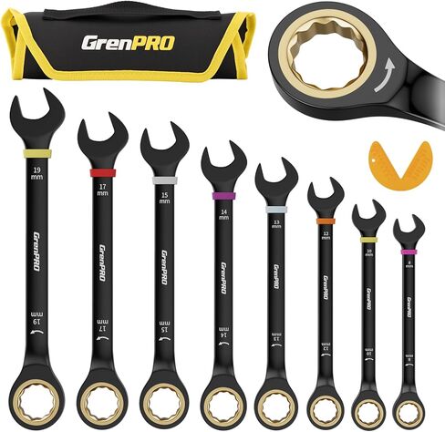 GRENPRO Ratchet Wrenches Set, Ratcheting Wrench Set, 9PC Sae 5/16 to 3/4 72Th Long Box Open End Ratchet Wrench Organizer With Color Ring With Roll Up Pouch With Gauge, Big Combination Wrench Tool Sets in Saudi Arabia