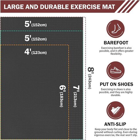Stepwaver Extra Large Exercise Mat, 6'x4'/7'x5' /8'x5' (6mm) Thick Workout Mat for Home Gym & Garage Flooring, Shoe-Friendly, Non-Slip, Ultra Durable, Thick Large Workout Mats for Home Workouts in Kuwait