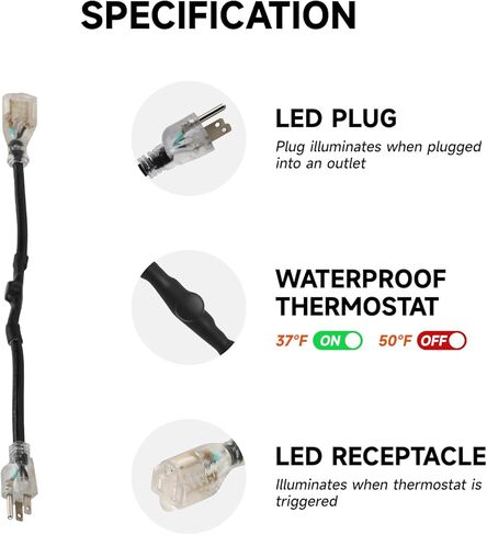 Roastove Thermostat for Heat Cable, Outdoor 120V Automatic On/Off at 37°F & 50°F, 15A Industrial Grade Weatherproof Power Cord, 16 Inch, Easy Install for Roof & Gutter De-Icing in Kuwait