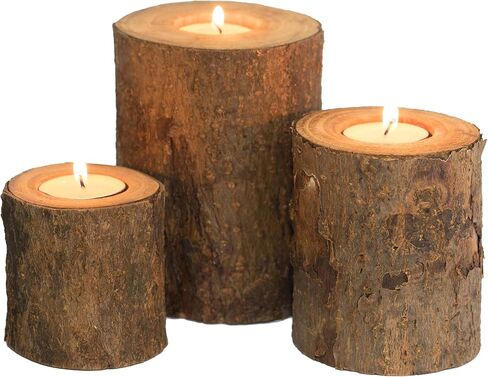 Bark Wooden Pillar Tree Stump Tea Light Rustic Candle Holder - Set of 3 in Saudi Arabia