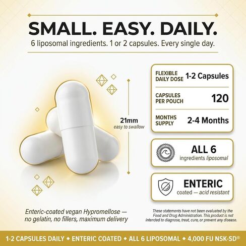 ليبوسومال ناتوكيناز 4000 FU + بروميلين 200 مجم، مع روتين + مستخلص بذور العنب، كبسولات معوية مغلفة، مكمل لدعم الدورة الدموية والقلب والأوعية الدموية، غير معدل وراثيًا، صنع في المملكة المتحدة، 120 كبسولة in Kuwait