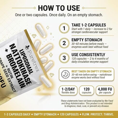 ليبوسومال ناتوكيناز 4000 FU + بروميلين 200 مجم، مع روتين + مستخلص بذور العنب، كبسولات معوية مغلفة، مكمل لدعم الدورة الدموية والقلب والأوعية الدموية، غير معدل وراثيًا، صنع في المملكة المتحدة، 120 كبسولة in Kuwait