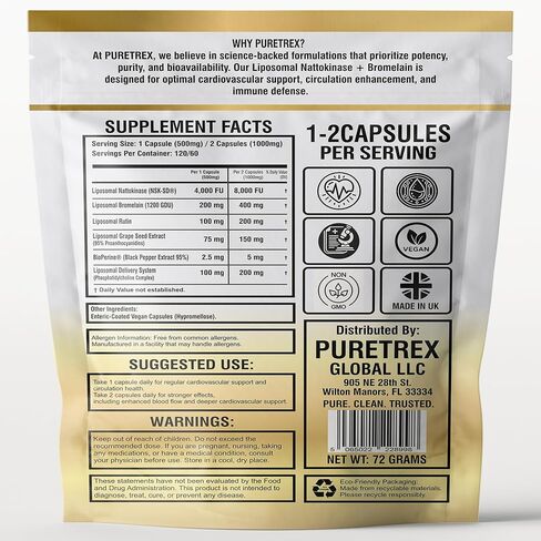 ليبوسومال ناتوكيناز 4000 FU + بروميلين 200 مجم، مع روتين + مستخلص بذور العنب، كبسولات معوية مغلفة، مكمل لدعم الدورة الدموية والقلب والأوعية الدموية، غير معدل وراثيًا، صنع في المملكة المتحدة، 120 كبسولة in Kuwait