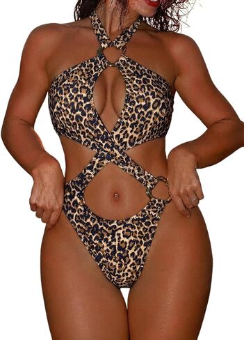 Women's Sexy High Cut Thong One Piece Swimsuits Monokini Halter Crisscross Cutout Bathing Suit Beach Pool Party in Saudi Arabia