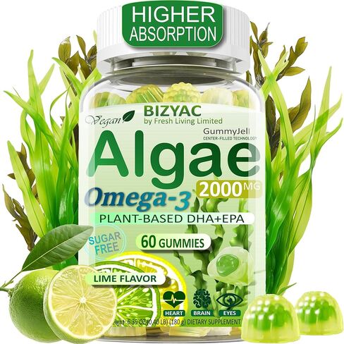 Algae Gummies, Omega 3 Gummies 2200mg from Algae Oil | DHA 640mg & EPA 290mg| Vegan | for Women & Men | CoQ10 | Astaxanthin | Vitamin A, E, D3 for Brain, Eye, Antioxidant, Sugar Free, 1Pack in Kuwait