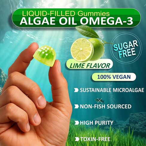 Algae Gummies, Omega 3 Gummies 2200mg from Algae Oil | DHA 640mg & EPA 290mg| Vegan | for Women & Men | CoQ10 | Astaxanthin | Vitamin A, E, D3 for Brain, Eye, Antioxidant, Sugar Free, 1Pack in Kuwait