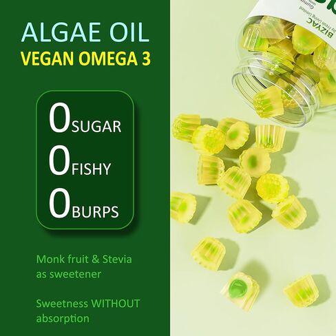 Algae Gummies, Omega 3 Gummies 2200mg from Algae Oil | DHA 640mg & EPA 290mg| Vegan | for Women & Men | CoQ10 | Astaxanthin | Vitamin A, E, D3 for Brain, Eye, Antioxidant, Sugar Free, 1Pack in Kuwait