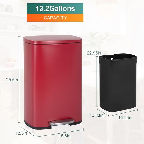 PayLessHere 13 Gallon(50L) Trash Can, Fingerprint Proof Stainless Steel Kitchen Garbage Can with Removable Inner Bucket and Hinged Lids, Pedal Rubbish Bin for Home Office,Red in Saudi Arabia