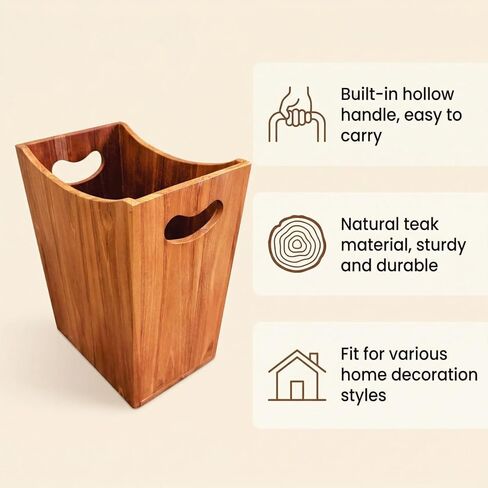 Wooden Wastebasket, Compact Trash Can for Bathroom, Teak, 2 Gallons in Kuwait