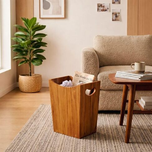 Wooden Wastebasket, Compact Trash Can for Bathroom, Teak, 2 Gallons in Kuwait