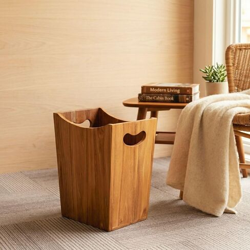 Wooden Wastebasket, Compact Trash Can for Bathroom, Teak, 2 Gallons in Kuwait