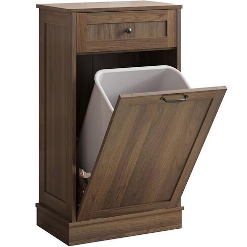 KIGOTY Tilt Out Trash Can Cabinet Trash Bin Cabinet with Hideaway Drawer Hidden Wooden Kitchen Garbage Can, Pet Proof Trash Can Holder for Kitchen (Brown) in Saudi Arabia