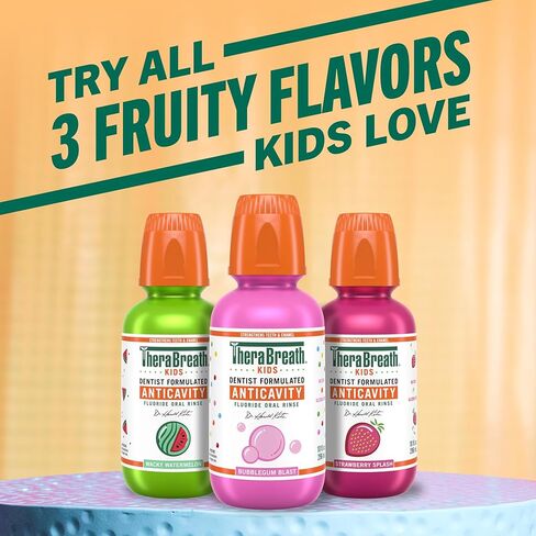 TheraBreath Kids Anticavity Fluoride Oral Rinse, Strengthens Teeth & Enamel, Alcohol Free & Dye Free, Certified Organic Bubblegum Blast Flavor, 16 Fl Oz, 2-Pack in Kuwait