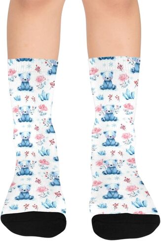OTVEE Blue Teddy Bears With Winter Florals Hiking Socks for Kids Boys Girls, 1 Pairs Breathable Soft Cozy Crew Boot Socks for Athletic Sport Basketball Daily Wear in Kuwait