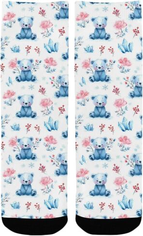 OTVEE Blue Teddy Bears With Winter Florals Hiking Socks for Kids Boys Girls, 1 Pairs Breathable Soft Cozy Crew Boot Socks for Athletic Sport Basketball Daily Wear in Kuwait