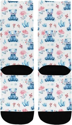 OTVEE Blue Teddy Bears With Winter Florals Hiking Socks for Kids Boys Girls, 1 Pairs Breathable Soft Cozy Crew Boot Socks for Athletic Sport Basketball Daily Wear in Kuwait