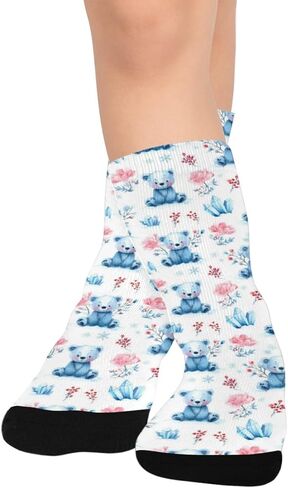 OTVEE Blue Teddy Bears With Winter Florals Hiking Socks for Kids Boys Girls, 1 Pairs Breathable Soft Cozy Crew Boot Socks for Athletic Sport Basketball Daily Wear in Kuwait