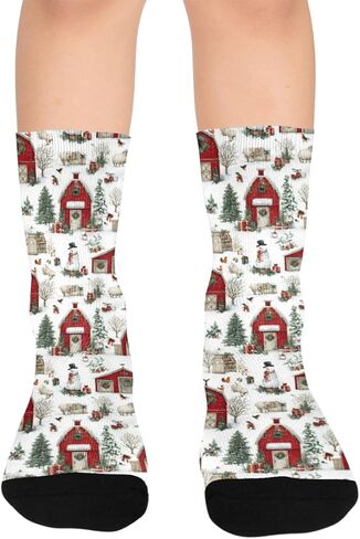 OTVEE Christmas Farm, Red Barns And Snowy Hiking Socks for Kids Boys Girls, 1 Pairs Breathable Soft Cozy Crew Boot Socks for Athletic Sport Basketball Daily Wear in Kuwait