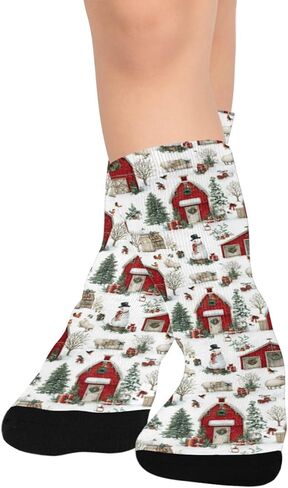 OTVEE Christmas Farm, Red Barns And Snowy Hiking Socks for Kids Boys Girls, 1 Pairs Breathable Soft Cozy Crew Boot Socks for Athletic Sport Basketball Daily Wear in Kuwait