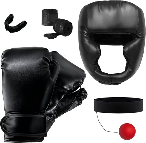 مجموعة معدات الملاكمة المكونة من 7 قطع تتضمن غطاء رأس للملاكمة وقفازات ملاكمة ووسادات يد داعمة وواقيات للفم ممتصة للصدمات وكرة عاكسة. يمكن لشخص واحد أيضًا استخدامه لتدريب الملاكمة الخاص به in Kuwait
