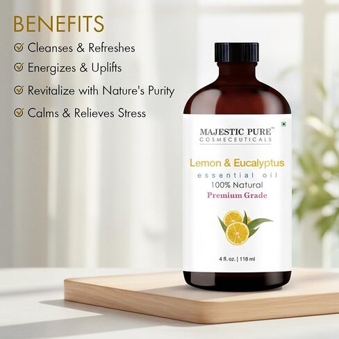 Majestic Pure Lemon Eucalyptus Essential Oil 4 Fl Oz - Fresh Citrus Scent for Diffuser, Home & Cleaning - Crisp, Uplifting Fragrance - Pure & Blend-Friendly Essential Oil in Saudi Arabia