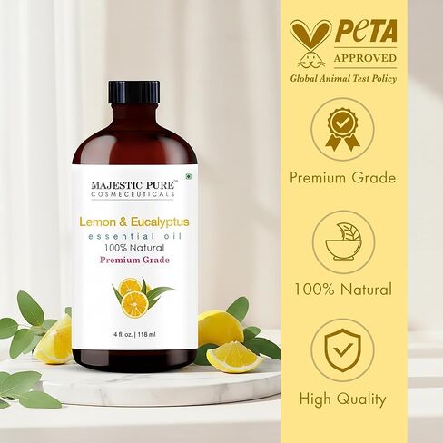 Majestic Pure Lemon Eucalyptus Essential Oil 4 Fl Oz - Fresh Citrus Scent for Diffuser, Home & Cleaning - Crisp, Uplifting Fragrance - Pure & Blend-Friendly Essential Oil in Saudi Arabia