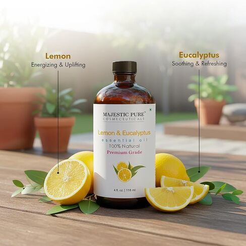 Majestic Pure Lemon Eucalyptus Essential Oil 4 Fl Oz - Fresh Citrus Scent for Diffuser, Home & Cleaning - Crisp, Uplifting Fragrance - Pure & Blend-Friendly Essential Oil in Saudi Arabia