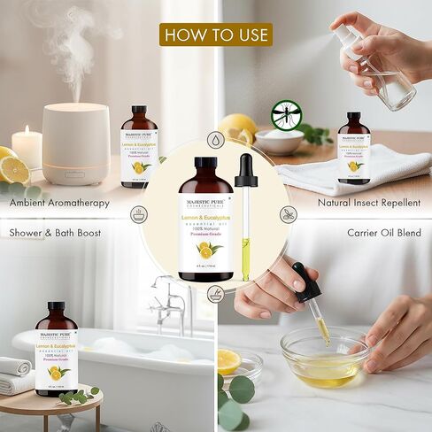Majestic Pure Lemon Eucalyptus Essential Oil 4 Fl Oz - Fresh Citrus Scent for Diffuser, Home & Cleaning - Crisp, Uplifting Fragrance - Pure & Blend-Friendly Essential Oil in Saudi Arabia