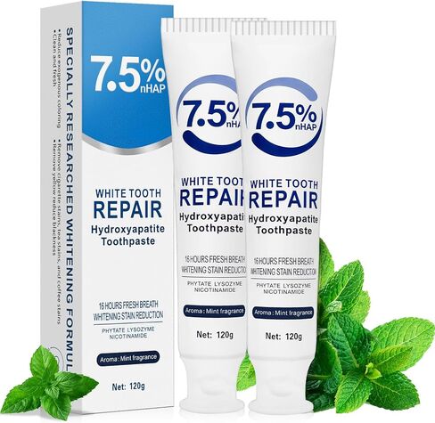 معجون أسنان نانو هيدروكسيباتيت 7.5% (خالٍ من الفلورايد)، إعادة المعادن وحماية المينا، يوصي به طبيب الأسنان للأسنان الحساسة والأطفال، معجون أسنان منعش ومبيض in Kuwait