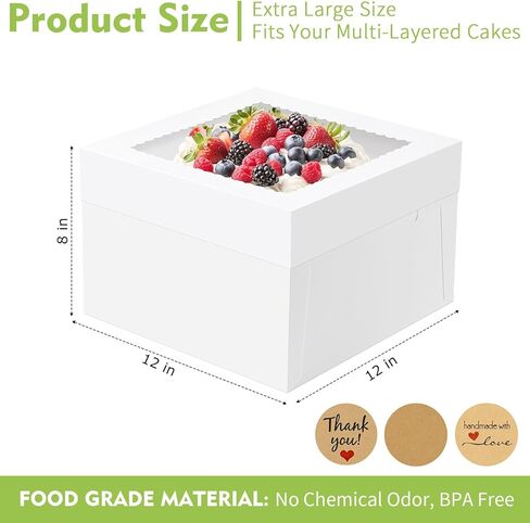 10 Pcs Cake Boxes, 12x12x8 Inch Tall Cake Box with Clear Window, White Cardboard Bakery Boxes, Disposable Cake Transport Containers with Lids for Multi-Layer Cakes Pie Dessert Wedding Birthday in Saudi Arabia