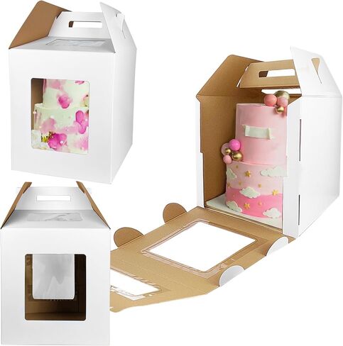 KEEPARTY 3PCS White Tall Cake Boxes Tier Cakes 14x14x16 Inch Layer Cakes Carrier Tall Baking Carrier with Window Portable Cake Box Containers for Wedding Party Favors in Saudi Arabia