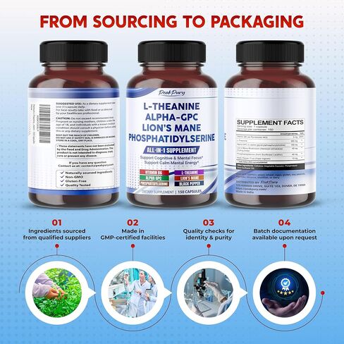 Premium L-Theanine, Alpha-GPC, Lion’s Mane & Phosphatidylserine – Cognitive & Mental Focus Support Supplement – 150 Capsules in Kuwait