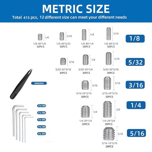 مجموعة متنوعة من 415 قطعة من مسامير مجموعة رؤوس ألين، مجموعة براغي سداسية بمقبس سداسي إمبراطوري، تتضمن 5 مفاتيح سداسية وملقاط واحد، لتركيبات الحمام، والأثاث، والإصلاح اليدوي (1/8 بوصة - 40 إلى 5/16 بوصة - 18) in Kuwait
