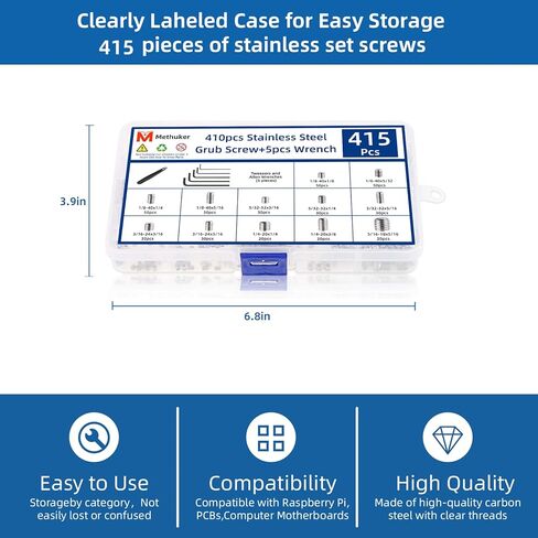 مجموعة متنوعة من 415 قطعة من مسامير مجموعة رؤوس ألين، مجموعة براغي سداسية بمقبس سداسي إمبراطوري، تتضمن 5 مفاتيح سداسية وملقاط واحد، لتركيبات الحمام، والأثاث، والإصلاح اليدوي (1/8 بوصة - 40 إلى 5/16 بوصة - 18) in Kuwait
