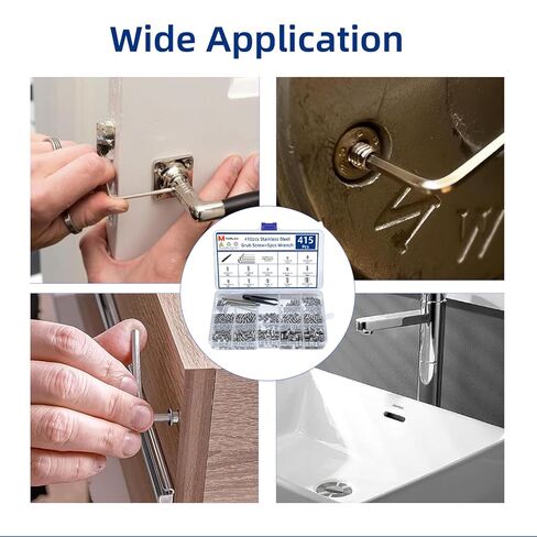 مجموعة متنوعة من 415 قطعة من مسامير مجموعة رؤوس ألين، مجموعة براغي سداسية بمقبس سداسي إمبراطوري، تتضمن 5 مفاتيح سداسية وملقاط واحد، لتركيبات الحمام، والأثاث، والإصلاح اليدوي (1/8 بوصة - 40 إلى 5/16 بوصة - 18) in Kuwait