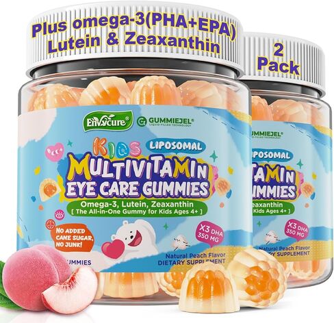 علكات الفيتامينات المتعددة للأطفال مع الحديد، 450 ملجم طحالب أوميجا 3، ميثيل ب12، حمض الفوليك، ألياف 2 جرام، بروبيوتيك، مغنيسيوم، أ، ج، د، ك، زنك، فيتامينات للأطفال للنمو، الدماغ، العين، الأمعاء، المناعة، خالية من السكر in Kuwait