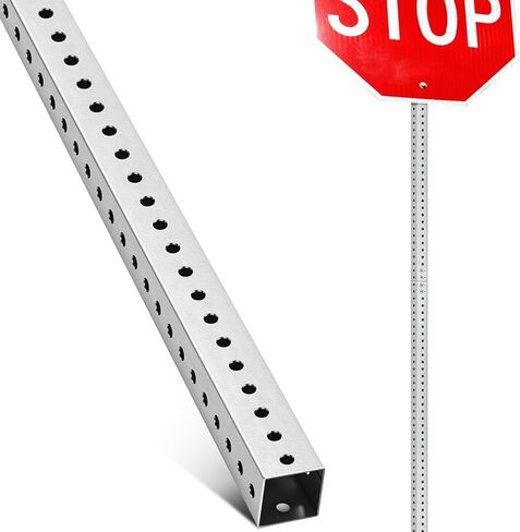 8 ft H x 2 in W Square Sign Post with 7/16" Dia Mounting Holes Galvanized Steel Metal Poles Outside Rust Resistant Industrial Perforated Tube for Street, Parking, Construction (Silver) in Saudi Arabia