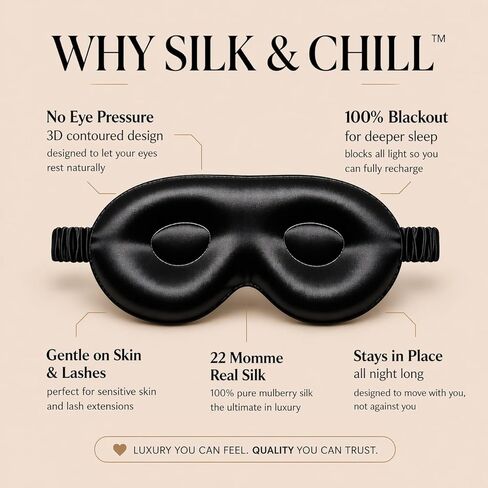 Silk & Chill™ 100% 22 Momme Mulberry Silk Sleep Mask | 3D Contoured Eye Cover | Blackout Sleeping Mask for Women & Men | Silk Eye Mask for Sleep, Travel, and Relaxation [Midnight Black] in Saudi Arabia