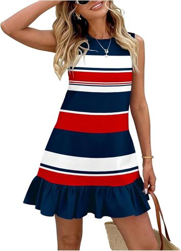 SHENHE Women's Ruffle Hem Sleeveless Striped Tank Dress Anchor Print Sailor Shift Dress in Saudi Arabia