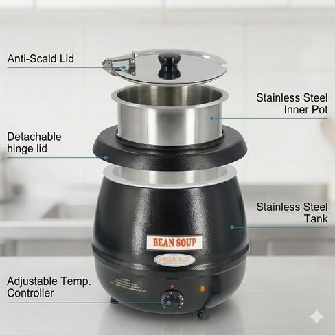 CLIVIA Commercial Electric Soup Warmer Pot, 11qt Stainless Steel Soup Kettle Food Warmer for Catering and Restaurant, Hot Soup Pot Station with Lid and Adjustable Heat Control in Kuwait