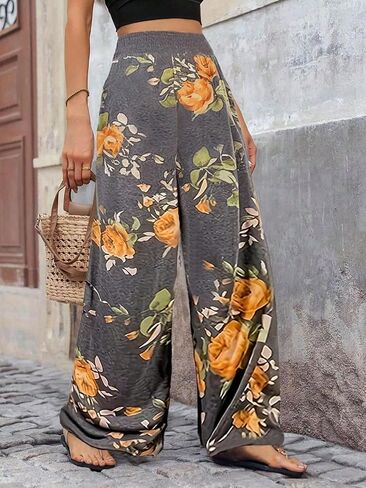 Plus Size Fashion Women Loose Floral Printing Long Wide Leg Yoga Pants Ladies Casual Pocket Lounge Pants Pajama Pants in Saudi Arabia