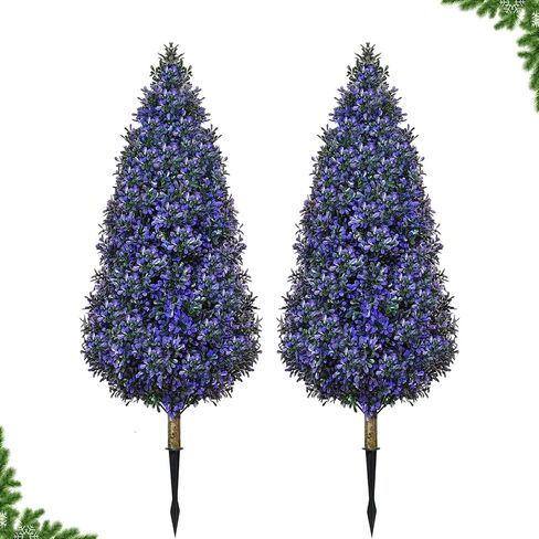 Artificial Topiary Ball Tree Outdoor with Flowers, Set of 2 UV Resistant Faux Boxwood Ball Shrubs with Ground Spike,23.7''Realistic Fake Greenery Plants for Front Porch Decor-White+Yellow in Saudi Arabia