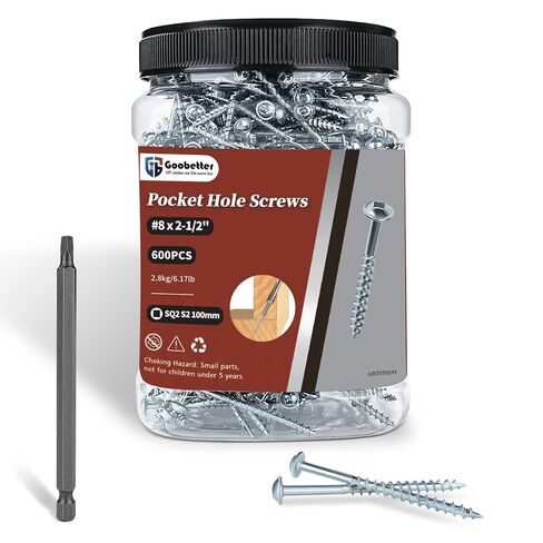 Pocket Hole Screws 2-1/2 Inch, Goobetter Pocket Screws #8 x 2-1/2" 600 Pcs, Washer Head with Square Drive, Coarse Thread Wood Screws, Zinc Plated, for Indoor Use, 100MM Drive Bit Included in Kuwait